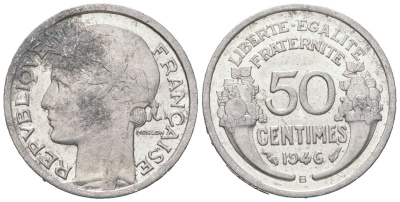 Франция 50 сантимов 1946 KM 894.2a, Le Franc 194 алюминий aUNC 4164-1155