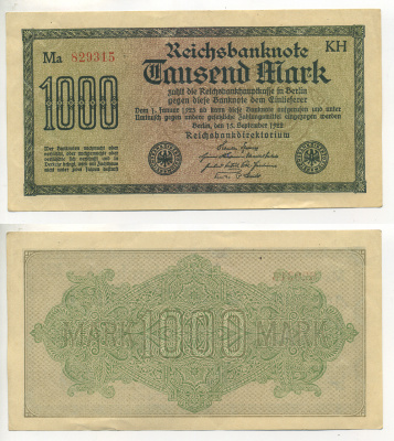Германия 1000 марок 1922 15 сентября 1922, водяной знак Н, белая бумага Pick 76 f бумага 7217-86-2-2