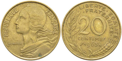 ФРАНЦИЯ 20 САНТИМОВ 1963 ТИП MARIANNE KM 930, LE FRANC 156.3 медь алюминий никель 175-815