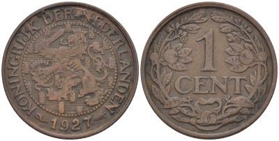 НИДЕРЛАНДЫ 1 ЦЕНТ 1927 ВИЛЬГЕЛЬМИНА (1890-1948) KM 152 бронза 100-1012
