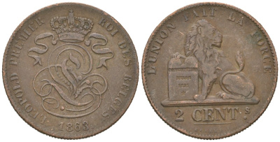 Бельгия 2 сантима 1863 Леопольд I (1831-1865) KM 4.2 медь 4615-655