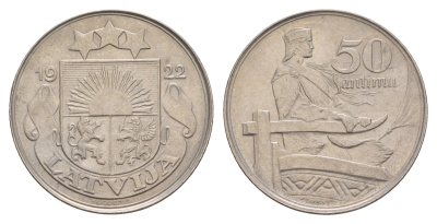 Латвия 50 сантимов 1922 год-тип KM 6 никель aUNC 4657-735