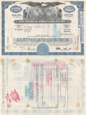 США, Pan American World Airwaysсертификат на 100 акций1974бумага5554-33-2
