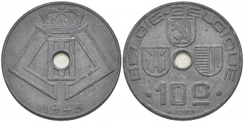 БЕЛЬГИЯ 10 САНТИМОВ 1945 BELGIE-BELGIQUE KM 126 цинк 3718-545