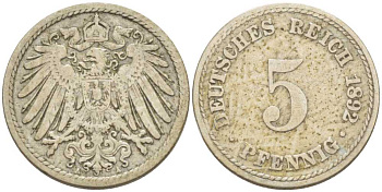 ГЕРМАНИЯ 5 ПФЕННИГОВ 1892 A KM 11, J. 12, Weege 6 медно-никель 206-911