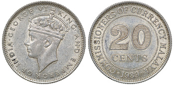 Британская Малайя 20 центов 1939 Георг VI (1937-1952) KM 5 серебро 53-421