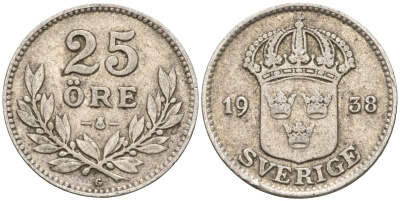 Швеция 25 эре 1938 G, Густав V (1907-1950) KM 785 серебро 4147-943