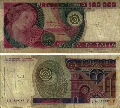 Италия 100000 лир 1978 20 июня 1978, подпись Baffi and stevani Pick 108а бумага 8518-39-3-1
