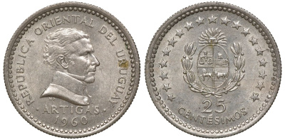 Уругвай 25 сентесимо 1960 KM 40 медно-никель 4169-823
