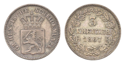 Гессен-Дармштадт 3 крейцера 1867 Людвиг III (1848-1877) KM 345 серебро 1531-1523
