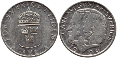 Швеция 1 крона 1999 Карл XVI Густав (1973- ) KM 852a медно-никель 4610-633
