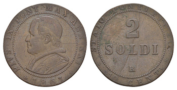 Папская область 2 сольдо 1867 R, Пий IX (1846-1878) KM 1373 медь 4652-724