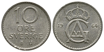 Швеция 10 эре 1964 U Густав VI Адольф (1950-1973) KM 835 медно-никель 3458-148