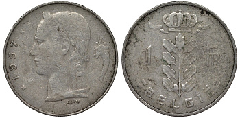 Бельгия 1 франк 1957 BELGIE KM 143 медно-никель 4128-917