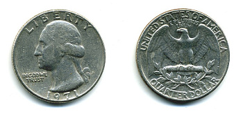 США 25 центов (квотер) 1971 Вашингтон KM 164а медь плакированная медно-никелем 46-1954