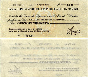 САН МАРИНО 150 ЛИР 1976 5 АПРЕЛЯ 1976, CASSA DI RISPARMIO DELLA REPUBBLICA DI SAN MARINO Pick S101 бумага aUNC 7203-45-1