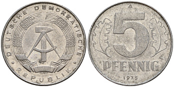 ГДР 5 пфеннигов 1975 A KM 9.1 алюминий 218-864