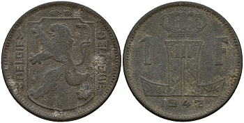 Бельгия 1 франк 1942 Belgique - Belgie, Леопольд III (1934-1947), германская оккупация, Вторая мировая война KM 127 цинк 4161-451