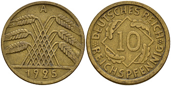Германия 10 рейхспфеннигов 1925 A J. 317, KM 40 алюминиевая бронза    4603-757