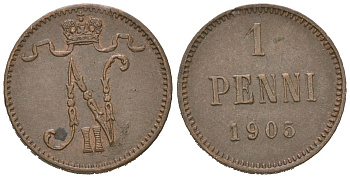 Россия для Финляндии 1 пенни 1905 Николай II (1894-1917) Биткин 466 медь 4615-338