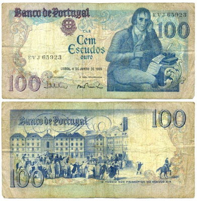 Португалия 100 эскудо 1985 Мануэл Мария Барбоза ду Бокаже, площадь Росиу в Лиссабоне до XIX века, 4 июня 1985 Pick 178е бумага 8611-63-1-2