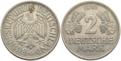 ФРГ 2 марки 1951 G J 386, KM 111 медно-никель плакированный никелем 4127-314