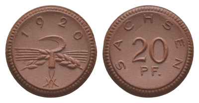 Саксония 20 пфеннигов 1920 редкий год Men05 22281.4, Men18 27868.4, Scheuch 31a фарфор 1094-6-72