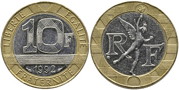 Франция 10 франков 1992 тип гений Бастилии KM 964.1, Le Frank 375.8 биметалл 65-1035