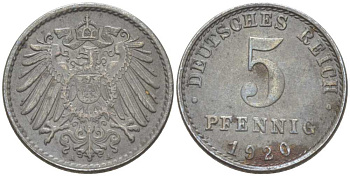 ГЕРМАНИЯ 5 ПФЕННИГОВ 1920 A KM 19, J. 297, Weege 5 железо 206-729