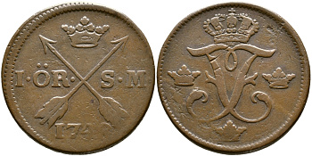 Швеция 1 эре 1748 S.M. Фредерик I (1720-1751) KM 416.1 медь 47-141