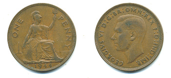 Великобритания 1 пенни 1944 Георг VI (1936-1952) KM 845, Spink 4114 бронза 4383-722