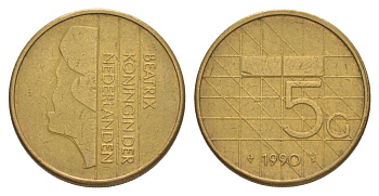 Нидерланды 5 гульденов 1990 KM 210 никель плакированная бронзой 4633-621