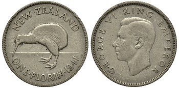 Новая Зеландия 1 флорин 1941 Георг VI (1936-1952), птичка киви KM 10.1 серебро 272-1524