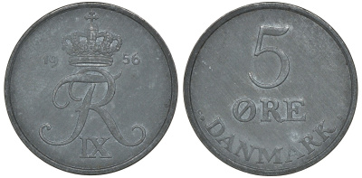 Дания 5 эре 1956 C; S, Фредерик IX KM 843.1 цинк 4162-125