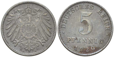 ГЕРМАНИЯ 5 ПФЕННИГОВ 1920 A KM 19, J. 297, Weege 5 железо 206-729