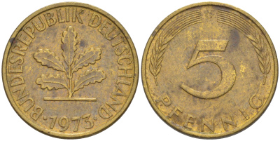 ФРГ 5 пфеннигов 1973 G KM 107, J. 382 сталь плакированная латунью 4514-821