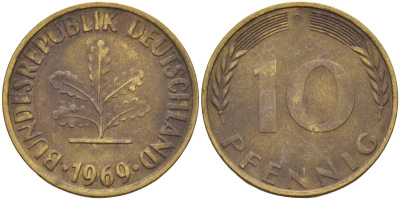ФРГ 10 пфеннигов 1969 D KM 108 сталь плакированная латунью 4126-533
