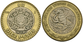 Мексика 10 песо 1997 Мо, бог Тонатиуха с огненной маской KM 616 биметалл 4120-333
