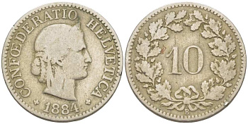 Швейцария 10 раппенов 1884 В KM 27 медно-никель 4513-157