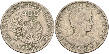 Бразилия 400 рейс 1901 голова свободы вправо KM 505 медно-никель 4367-145