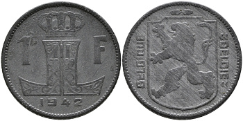 БЕЛЬГИЯ 1 ФРАНК 1942 BELGIQUE-BELGIE, ГЕРМАНСКАЯ ОККУПАЦИЯ, ВТОРАЯ МИРОВАЯ ВОЙНА KM 127 цинк 4390-752