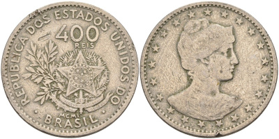 Бразилия 400 рейс 1901 голова свободы вправо KM 505 медно-никель 4367-145