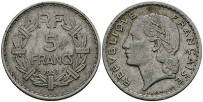 Франция 5 франков 1947 Без отметки монетного двора KM 888b алюминий 4593-714