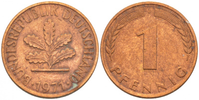ФРГ 1 ПФЕННИГ 1971 J KM 105, J.380 сталь плакированная медью 4396-1521