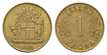 Исландия 1 крона 1965 KM 12a никель латунь aUNC 4691-437