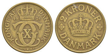 Дания 2 кроны 1926 HCN; GJ, Кристиан X (1912-1947) KM 825 алюминиевая бронза 82-1126