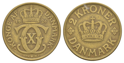 Дания 2 кроны 1926 HCN; GJ, Кристиан X (1912-1947) KM 825 алюминиевая бронза 82-1126