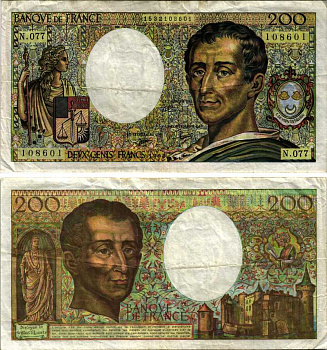 ФРАНЦИЯ 200 ФРАНКОВ 1990 ШАРЛЬ ЛУИ де МОНТЕСКЬЁ Pick 155d бумага 7183-20-1-1