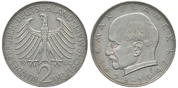 ФРГ 2 марки 1964 J, Макс Планк KM 116,  J. 392 медно-никель плакированный никелем 72-333