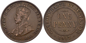АВСТРАЛИЯ 1 ПЕННИ 1917 ГЕОРГ V KM 23 бронза 82-645